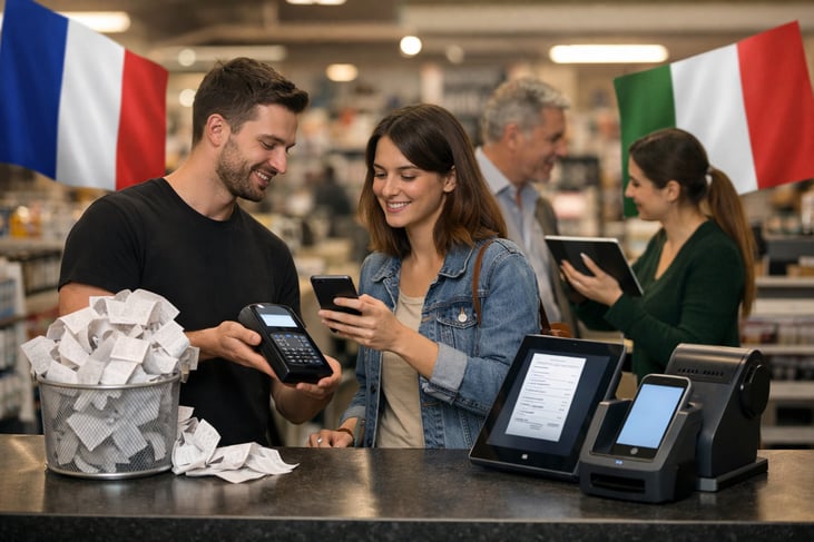 photographic france and italy reducing paper receipts in stores and looking into digital alternatives No text on the screen include the french and ita-1