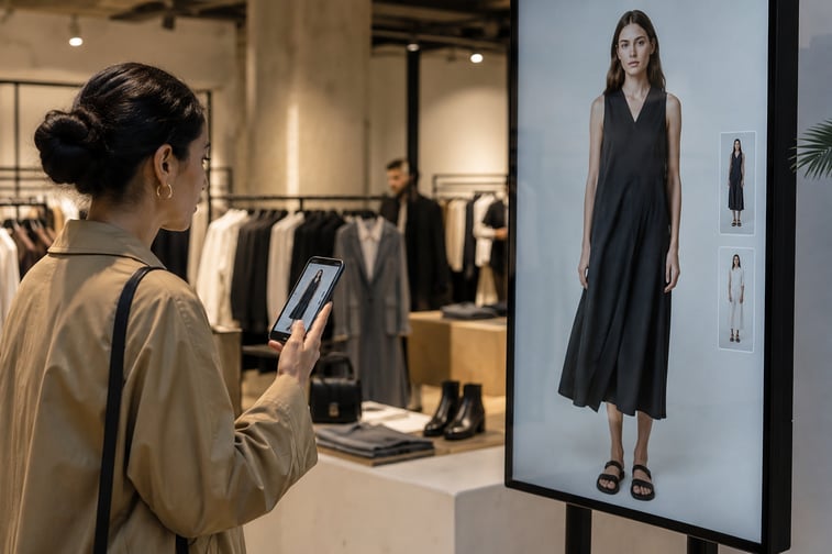 woman in store with AI device phone